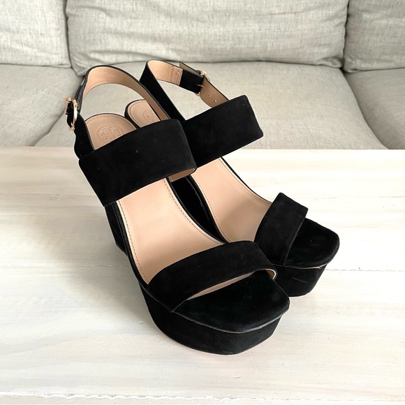 Tory Burch Loretta Platform Wedge Sandals Black Lancaster Suede Square Size 10.5 - Picture 4 of 10